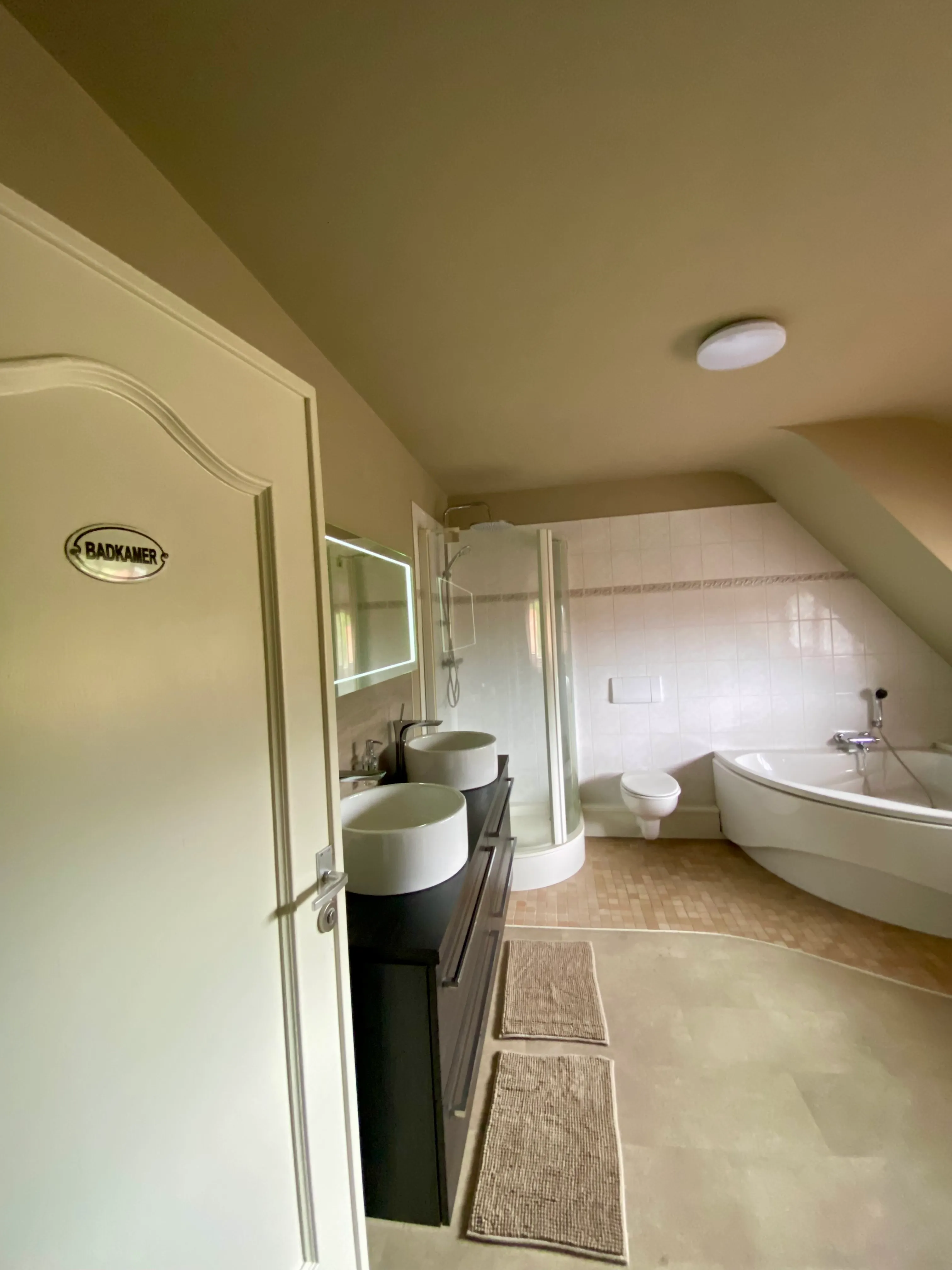 Badkamer met ligbad, aparte douche en toilet