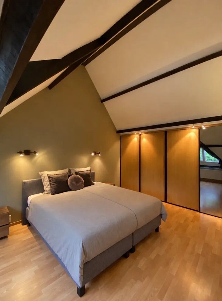 Slaapkamer onder de nok, met zichtbare balken en een ingebouwde kast